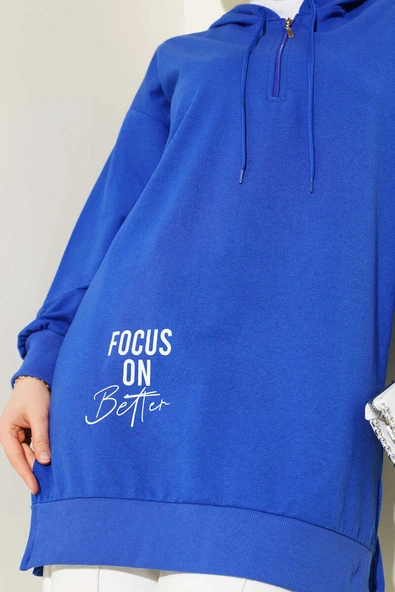 Kapüşonlu Yarım Fermuarlı Baskılı Tunik Saks - Resim 4