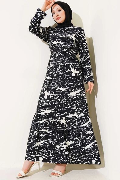 Beli Lastikli Karışık Desen Bürümcük Elbise Siyah ürün görseli 1