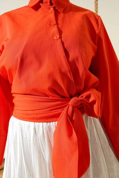 Düğmeli Yan Bağlamalı Kısa Gömlek Oranj - Resim 4