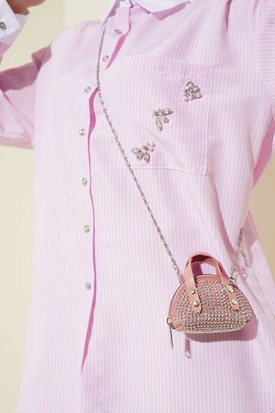 Cep Taşlı İnce Çizgili Gömlek Pembe - Resim 4