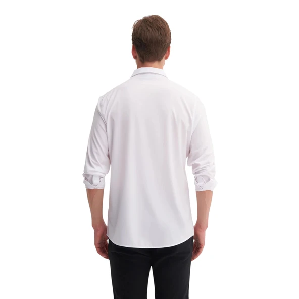 Regular Fit Dokuma Viscon Uzun Kol Gömlek - Resim 5