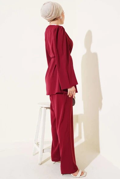 Brit Düğmeli İp Kuşaklı Tunik İkili Takım Bordo - Resim 3