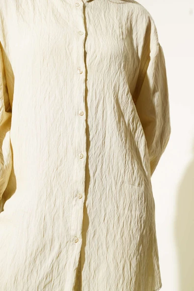 Kırışık Çizgili Basic Gömlek Bej - Resim 4