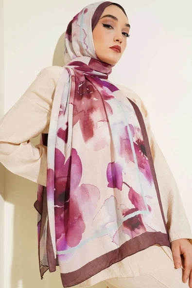 Çiçek Desenli Bambu Şal Acı Kahve ürün görseli 1