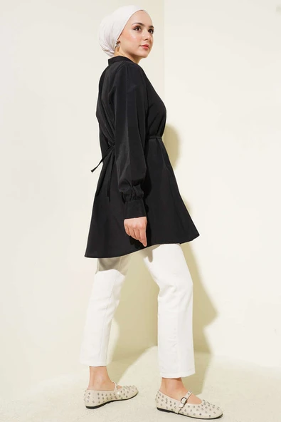 Kalp Tokalı Kuşaklı Gömlek Siyah - Resim 3