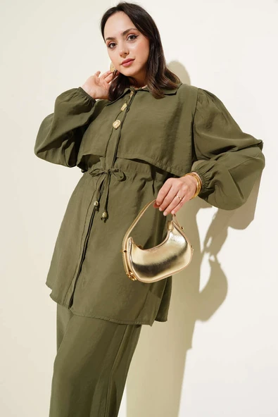 Parça Detaylı Bel Tünelli İkili Takım Haki - Resim 2