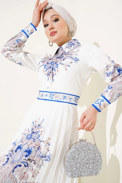 Otantik Desen Etek Pileli Elbise Beyaz - 2