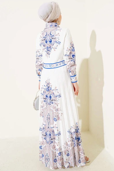 Otantik Desen Etek Pileli Elbise Beyaz - 3