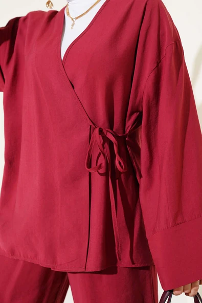 Yandan İp Bağcıklı Kimono İkili Takım Bordo - Resim 4