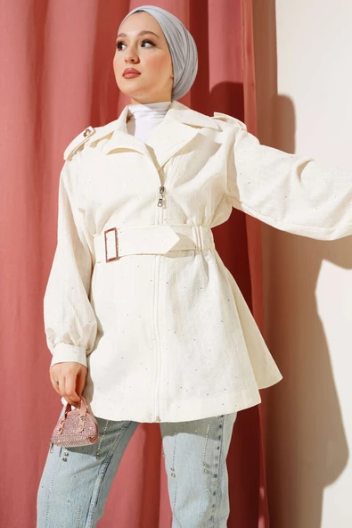 Bel Lastikli Kendinden Kemerli Ceket Krem ürün görseli 1