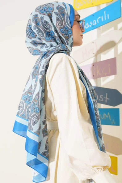 Antik Paisley Desen Şal Buz Mavisi - Resim 3