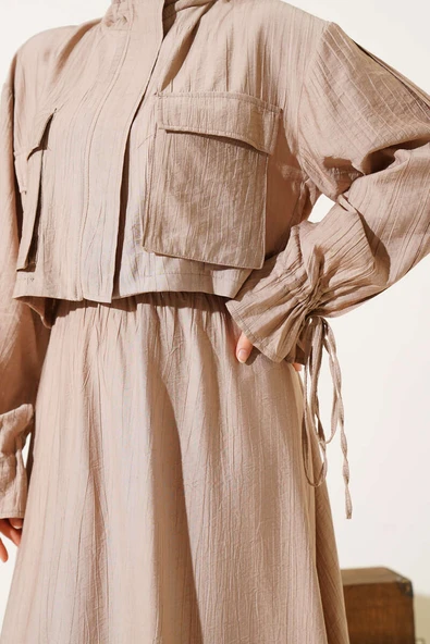 Göğüs Cepli Fermuarlı Etekli İkili Takım Latte - Resim 4