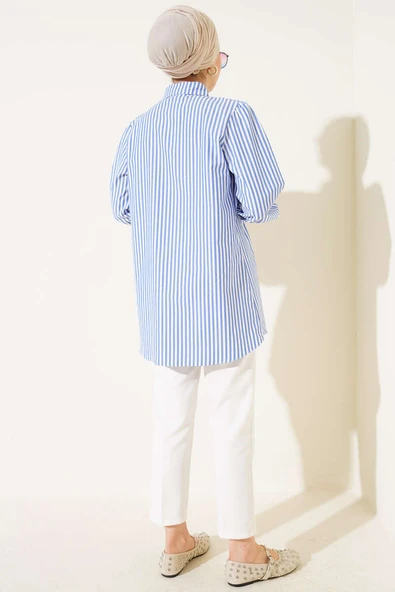 Omuz Büzgülü Çizgili Gömlek Mavi - Resim 3