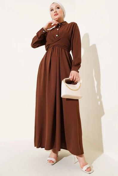 Yarım Düğmeli Önü Çapraz Bağlamalı Elbise Kahve ürün görseli 1