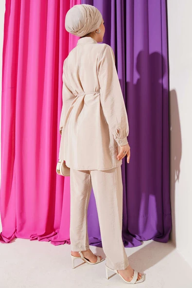Büzgülü İp Kuşaklı Basic İkili Takım Bej - Resim 3