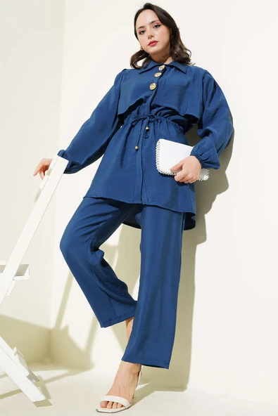 Parça Detaylı Bel Tünelli İkili Takım İndigo ürün görseli 1