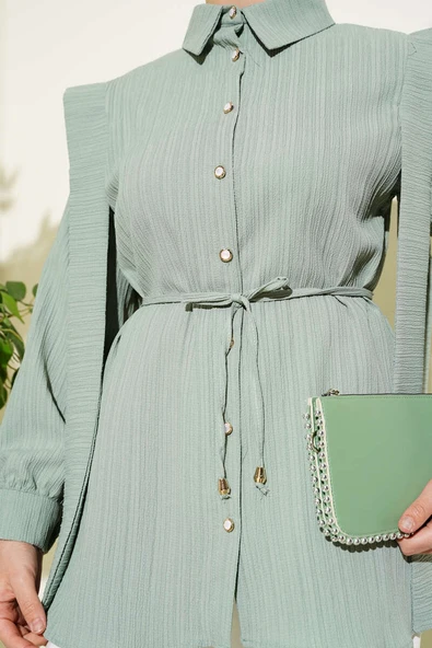 Taş Düğmeli Omuz Pileli Gömlek Mint - Resim 4