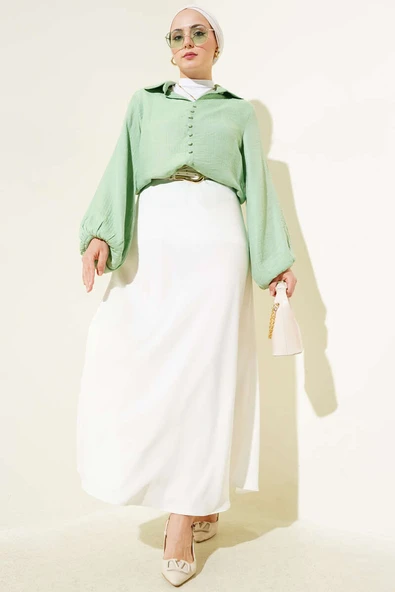 Bebe Yaka Düğme Detaylı Gofre Bluz Fıstık Yeşili - Resim 2