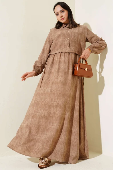 Batik Desenli Bolerolu Elbise Latte ürün görseli 1