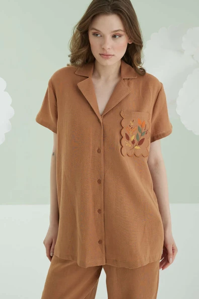 NBB Cep Nakışlı Kısa Kol Müslin Pijama Takım Kahverengi - Resim 2