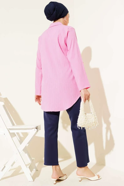 Önü İncili Kabartma Çizgili Gömlek Pembe - Resim 3