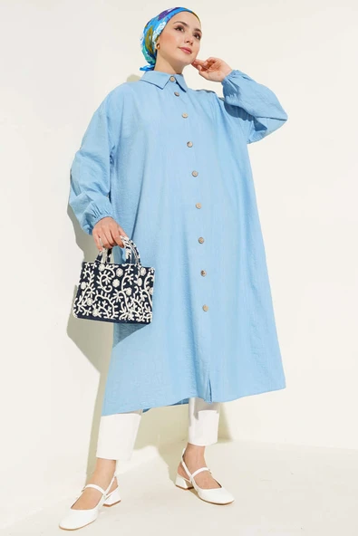 Tahta Düğmeli Uzun Tunik Bebe Mavi - Resim 2