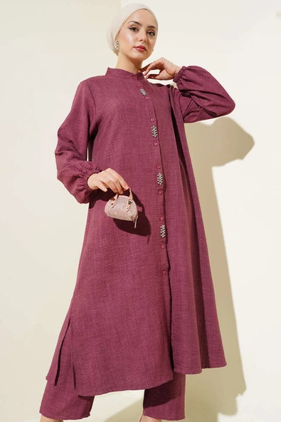 Taş Süslemeli Uzun Tunikli İkili Takım Burgonya - Resim 2