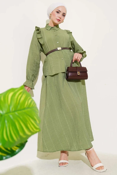 Omuz Fırfırlı Etekli İkili Takım Çağla Yeşili ürün görseli 1