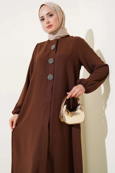 Taş Düğmeli Detaylı Büyük Beden Ferace Kahve - Resim 2