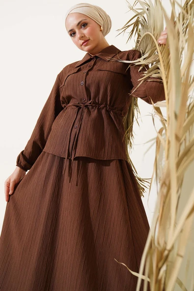 Cep Kapaklı Bel Tünelli Etekli Bürümcük Takım Kahve - Resim 2