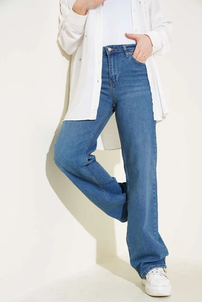 Yüksek Bel Palazzo Kot Pantolon Tintli - Resim 2