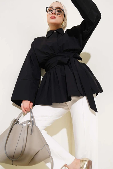 Kuşak Büzgülü Yarım Düğmeli Tunik Siyah ürün görseli 1