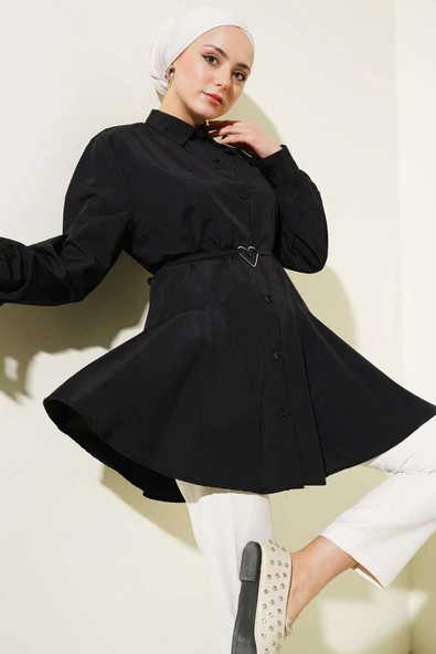 Kalp Tokalı Kuşaklı Gömlek Siyah ürün görseli 1