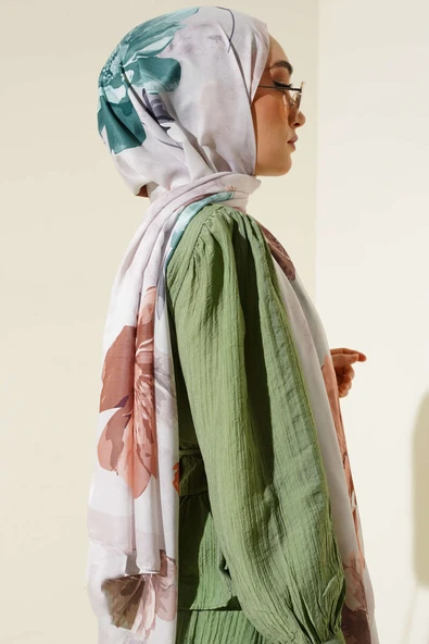 Retro Çiçek Desenli Şal Bej - Resim 3