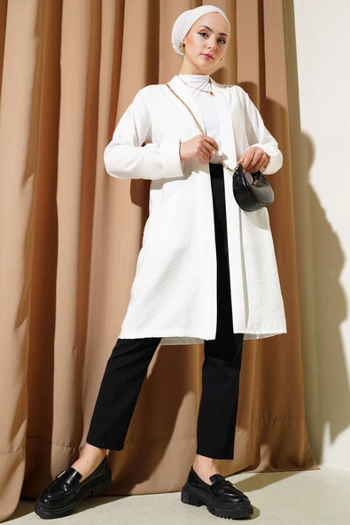 Önü Açık Cepli Hırka Beyaz - Resim 2