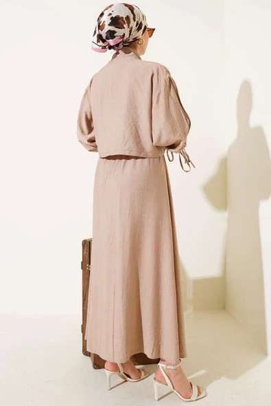 Göğüs Cepli Fermuarlı Etekli İkili Takım Latte - Resim 3