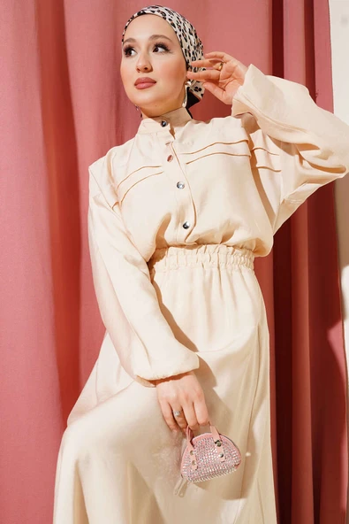 Yatay Pile Detaylı Etekli İkili Takım Bej - Resim 2