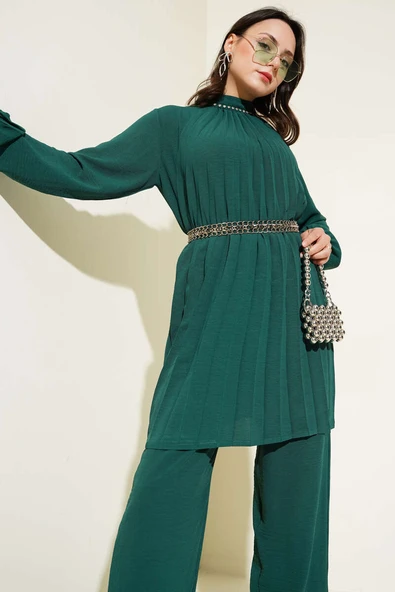 Yaka Taşlı Pileli Tunik İkili Takım Zümrüt Yeşili - Resim 2