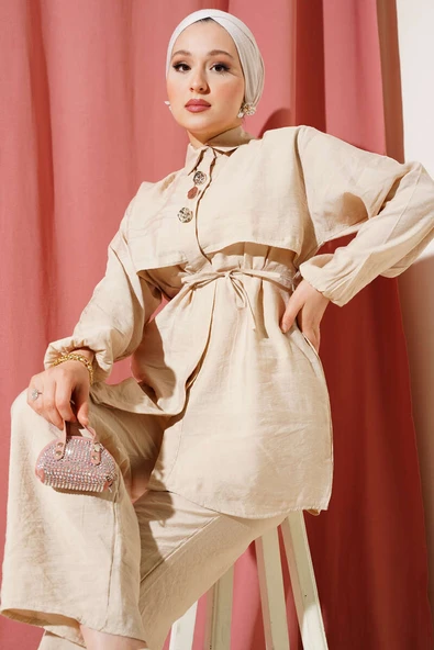 Bolerolu Gold Düğmeli İkili Takım Bej - Resim 2