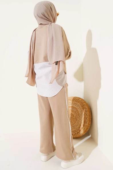 Loyşa Çizgi Garnili Tunik İkili Takım Bej - Resim 3
