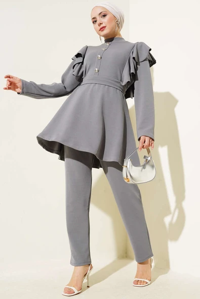 Omuz Fırfırlı Kuşaklı Tunik İkili Takım Gri ürün görseli 1