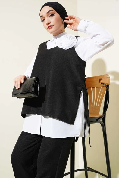 Yan İpli Yelekli Üçlü Takım Siyah - Resim 2