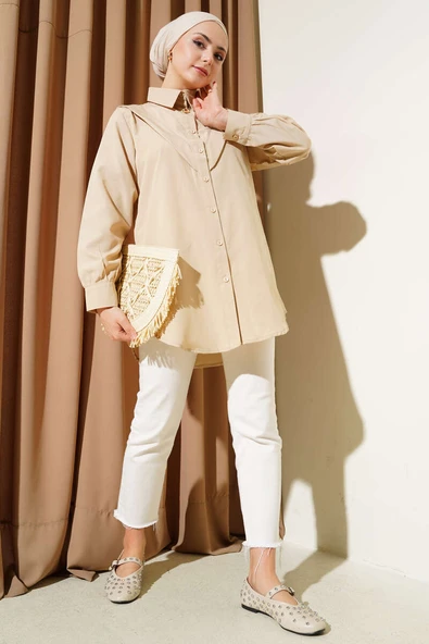V Parçalı Gömlek Bej - Resim 2