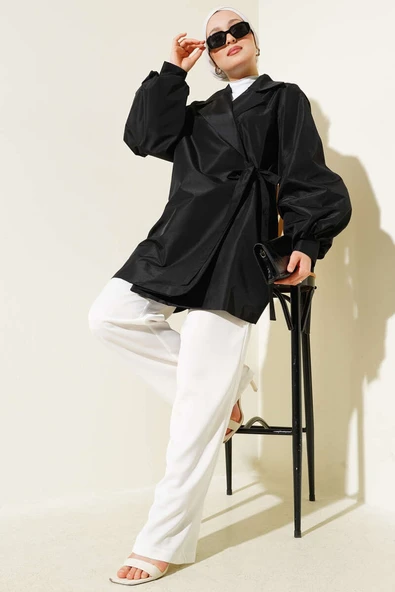 Yan Bağlamalı Parlak Tafta Ceket Siyah - Resim 2