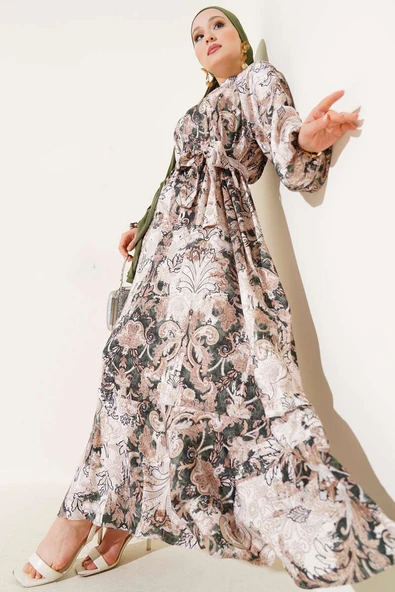 Etnik Desenli Kuşaklı Saten Elbise Yeşil ürün görseli 1