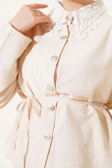 Dantel Yaka Etekli İkili Takım Bej - Resim 4