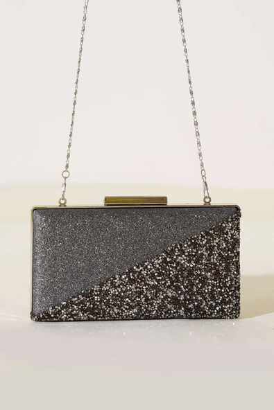 Çapraz Taşlı Dikdörtgen Abiye Çanta Füme - Resim 2