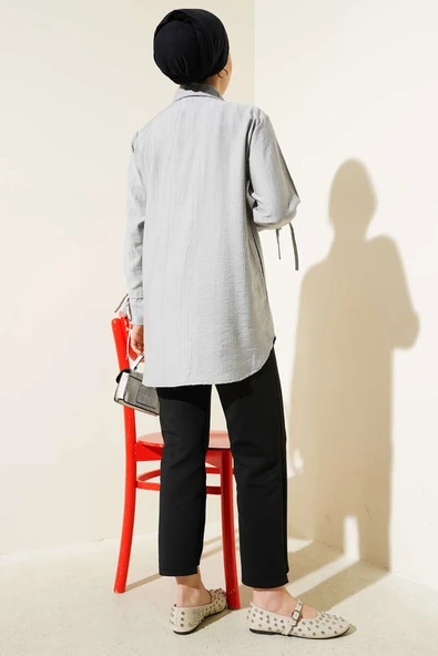 Fırfırlı Bilek Bağcıklı Gömlek Gri - Resim 3