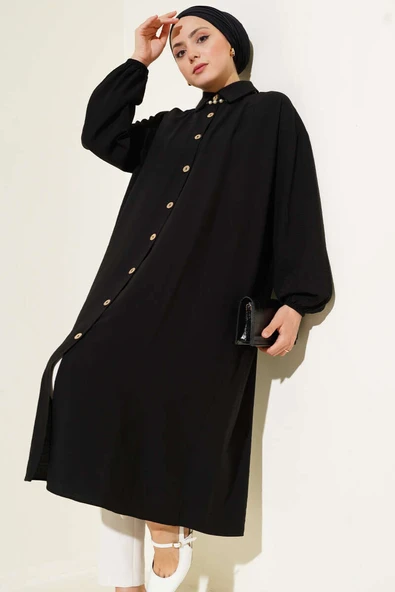 Tahta Düğmeli Uzun Tunik Siyah - Resim 2