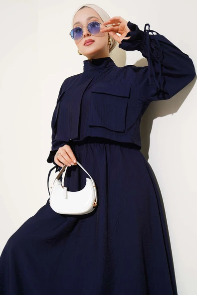 Göğüs Cepli Fermuarlı Etekli İkili Takım Lacivert - Resim 2